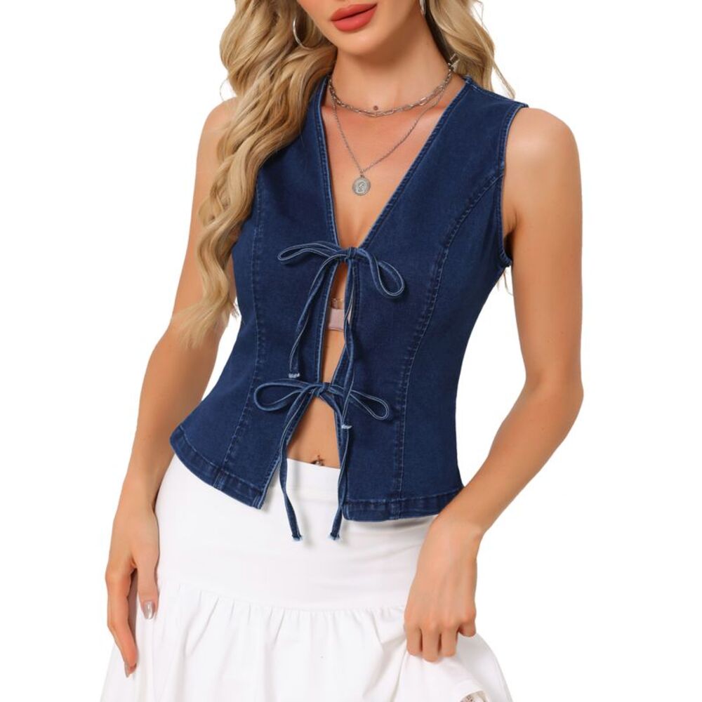 Women's Denim Vest Bow Tie Front Jean Vests Top Dark Blue